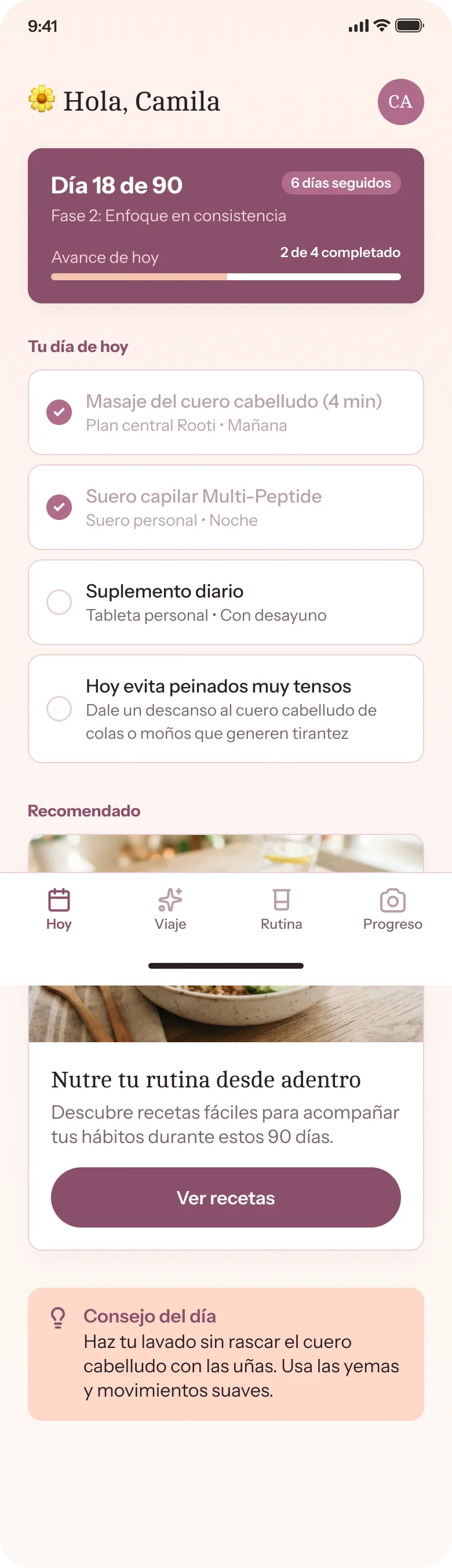 Pantalla de tu día en Rooti