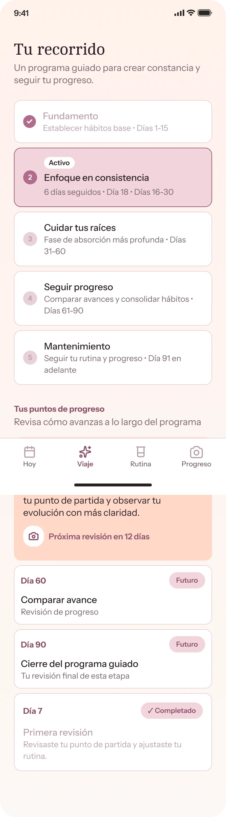 Pantalla de tu recorrido de 90 días en Rooti