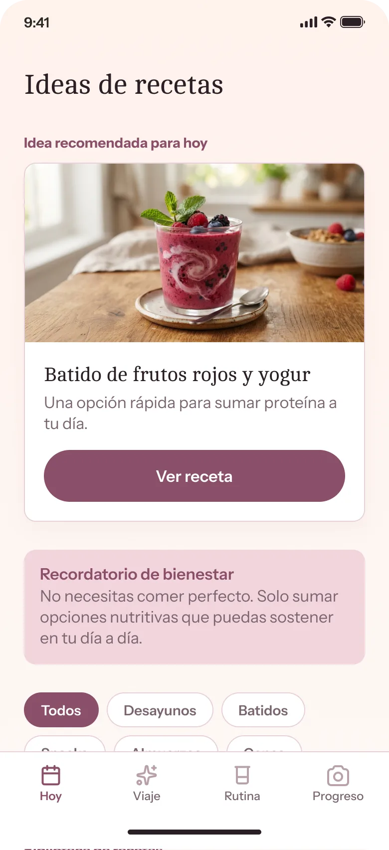 Pantalla de ideas de recetas de Rooti